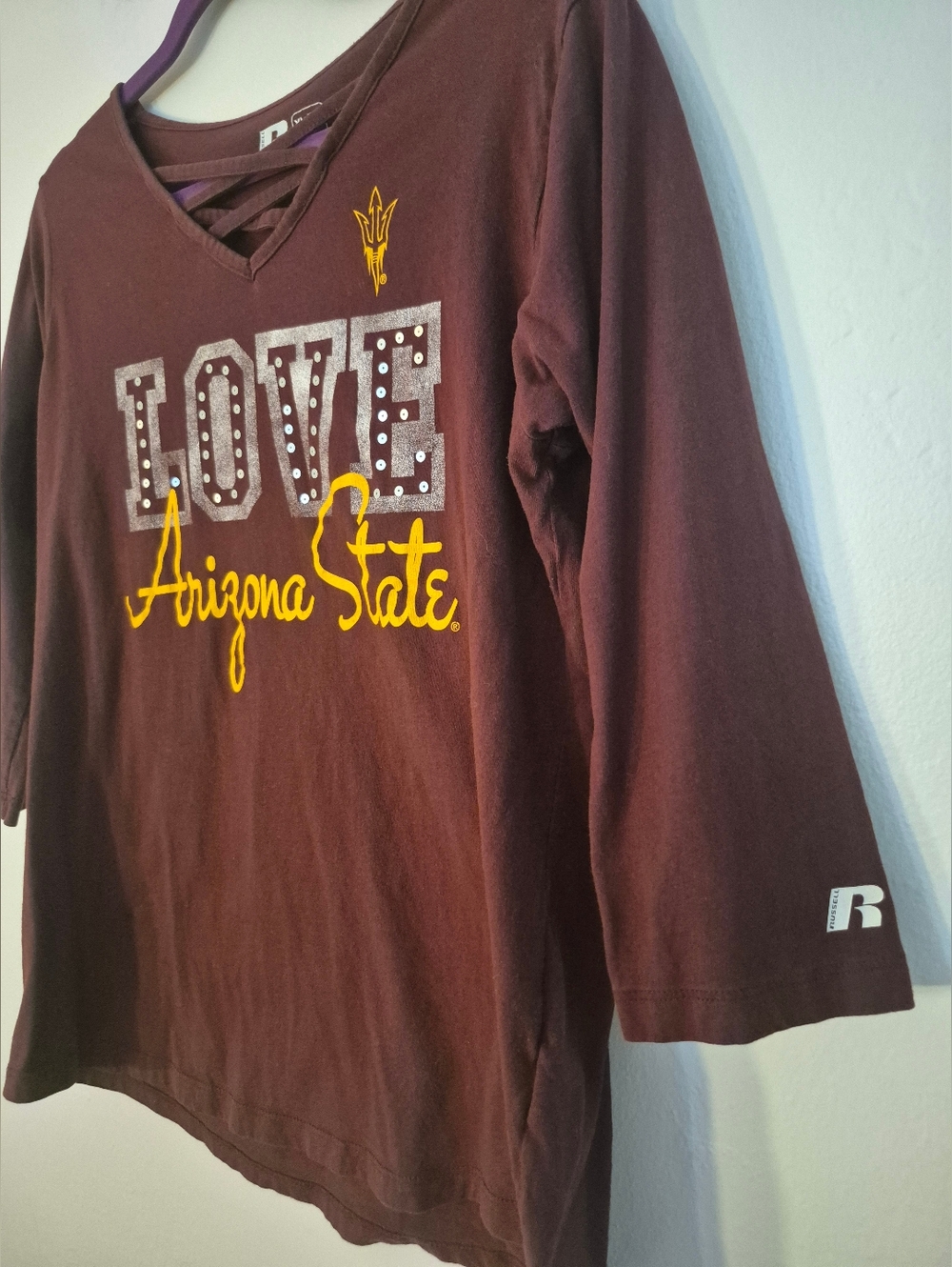 ASU XL Maroon Top Shirt Back Criss Cross Sparkle & Print - Picture 3 of 6